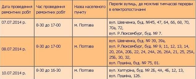 Полтавцям вимикатимуть світло: графік