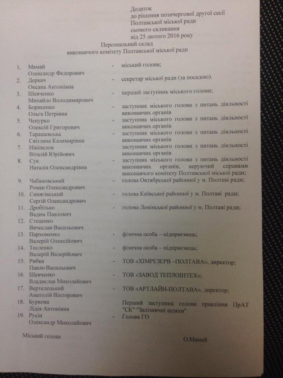 За кого депутатам пропонують проголосувати до складу виконкому Полтавської міської ради