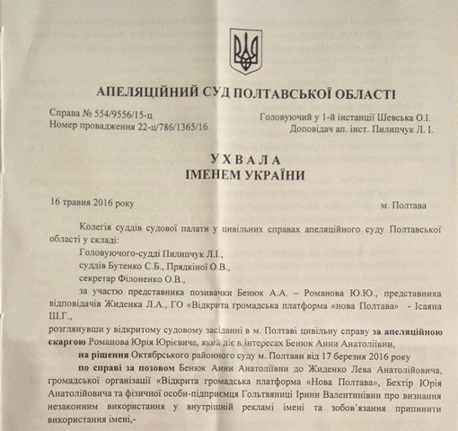 Суд Бенюк-Кукоба проти Жиденка: Апеляційний суд залишає рішення без змін