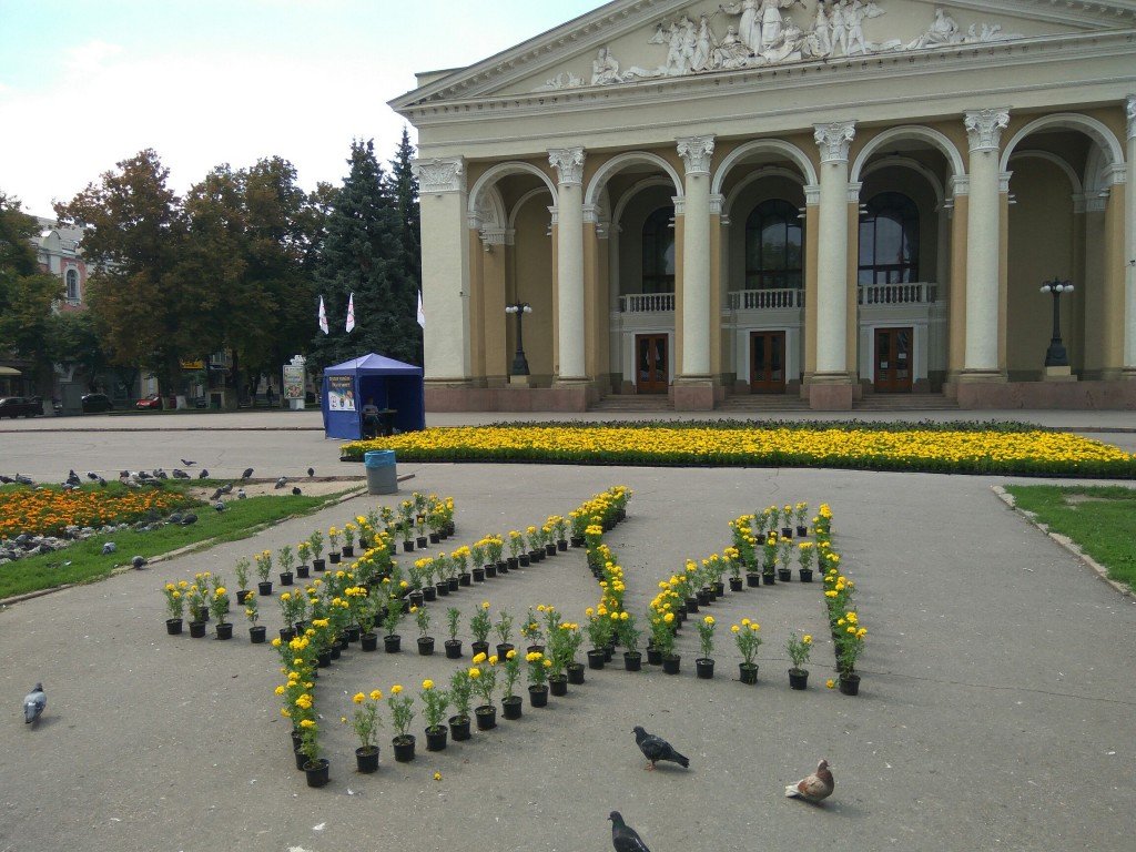 В центрі Полтави склали великий прапор України з петуній і чорнобривців