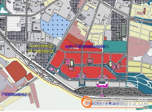 Розташування колій та вокзалу на генеральному плані міста (Фото з офіційного сайту міської ради Полтави)